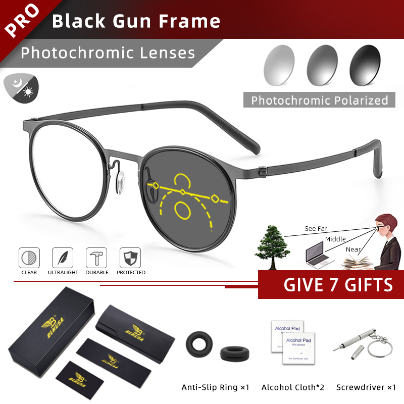 BLMUSA Vintage Round Optical Frame Anti Blue Light Reading Glasses for Men Ultralight Titanium Progressive Photochromic Glasses