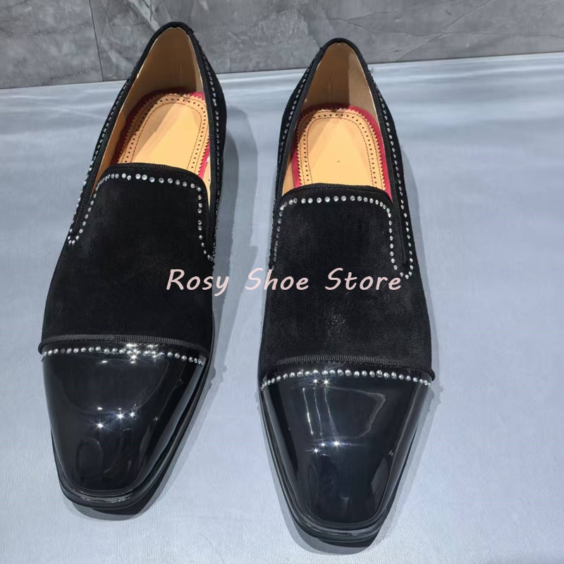 Men's Black Patent Suede Splicing Diamond Embellished Loafers Trendy Men's Formal Leather Shoe Casual Business Shoe Wedding Shoe