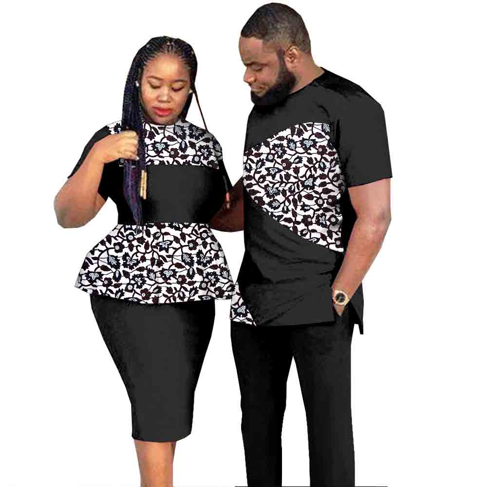 African Clothes for Couples Dashiki Women Patchwork Print Dresses Matching Men Outfit Top and Pants Sets Love Party Wear S20C010