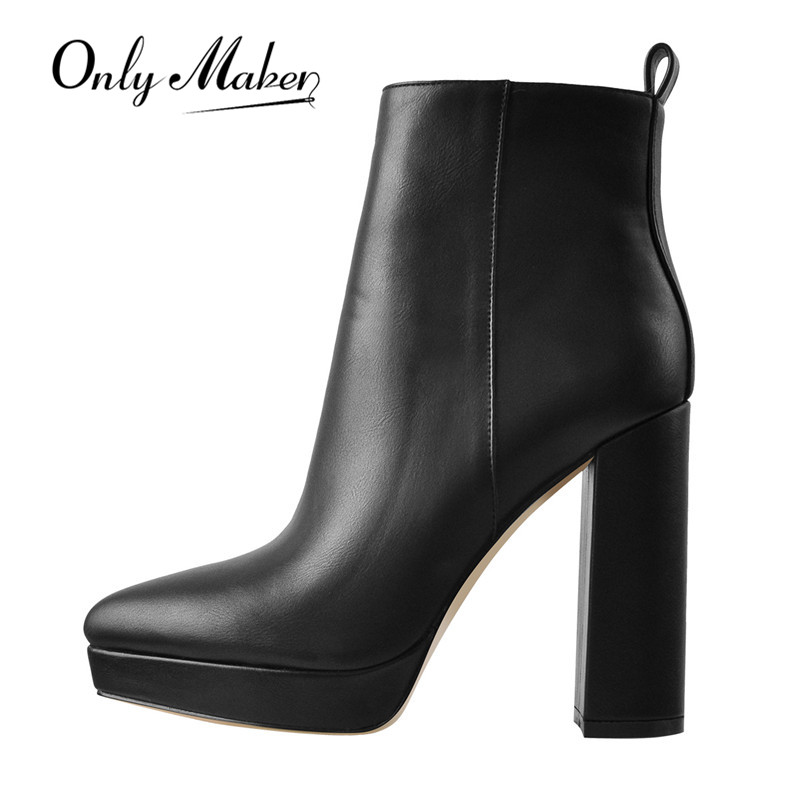 Onlymaker Women Pointed Toe Ankle Boots Black Matte Flock Chunky Heel Platform Booties Party Shoes Large Size Short Boots
