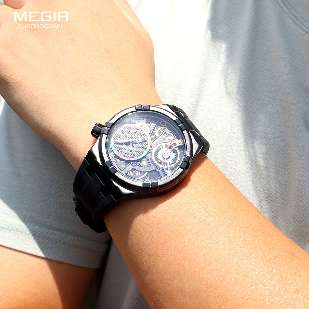MEGIR Military Sport Quartz Watch for Men Fashion Black Silicone Strap Waterproof Wristwatch with Luminous Hands MN8111G