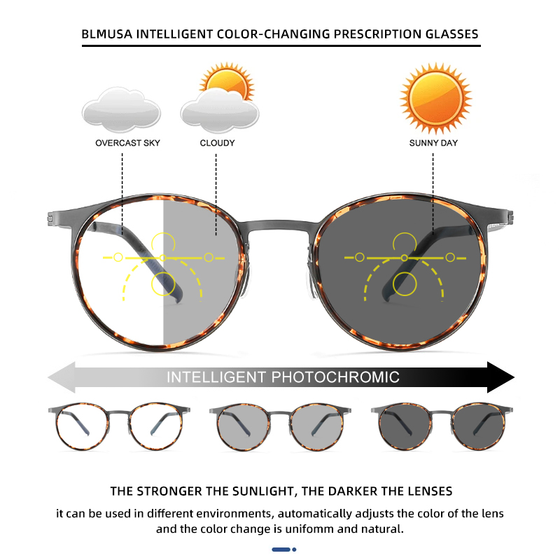 BLMUSA Vintage Round Optical Frame Anti Blue Light Reading Glasses for Men Ultralight Titanium Progressive Photochromic Glasses