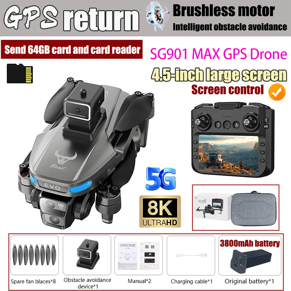 NEW SG901 MAX GPS 4.5-inch Large Screen Remote Control Drone With Obstacle Avoidance Brushless Foldable Quadcopter Dron Toy