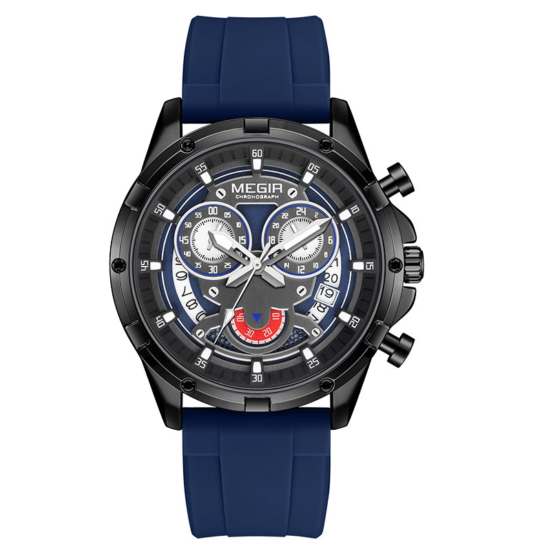 MEGIR Men's Quartz Watch with White Silicone Strap Luminous Hands Fashion Sport Waterproof Chronograph Wristwatch with Calendar