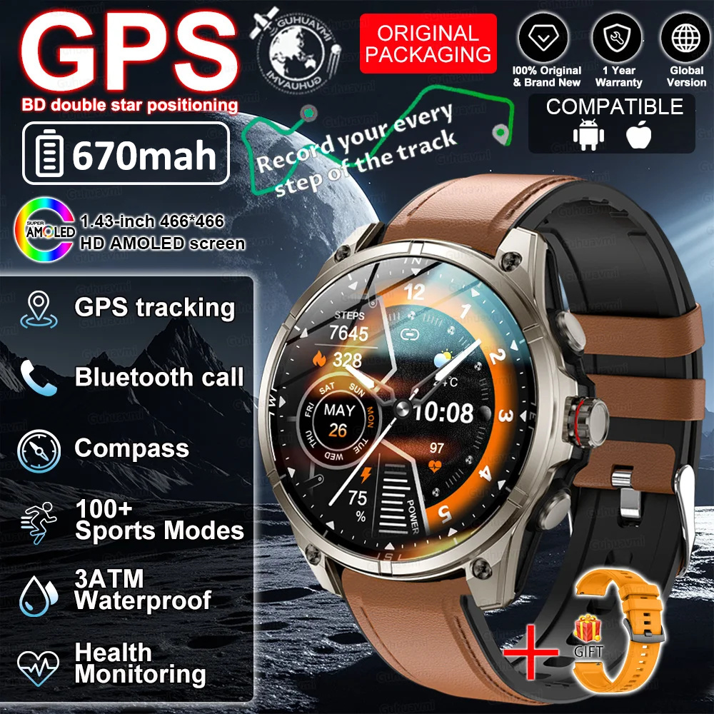 2026 GPS Smartwatch Outdoor Sports Waterproof Flashlight 1.43inch AMOLED Custom dial Call Compass Smart Watches For Android IOS
