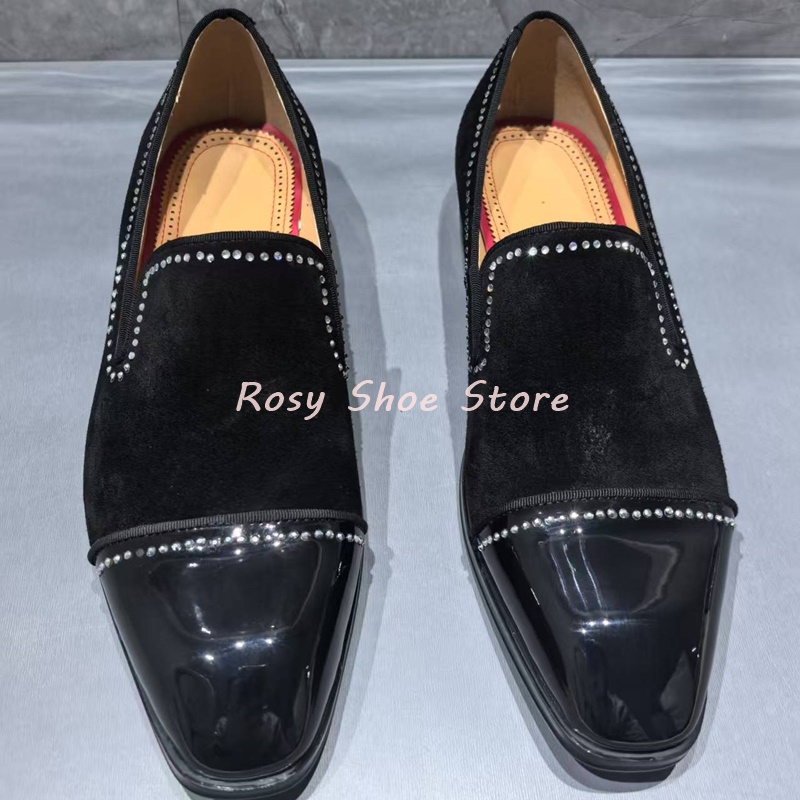 Men's Black Patent Suede Splicing Diamond Embellished Loafers Trendy Men's Formal Leather Shoe Casual Business Shoe Wedding Shoe