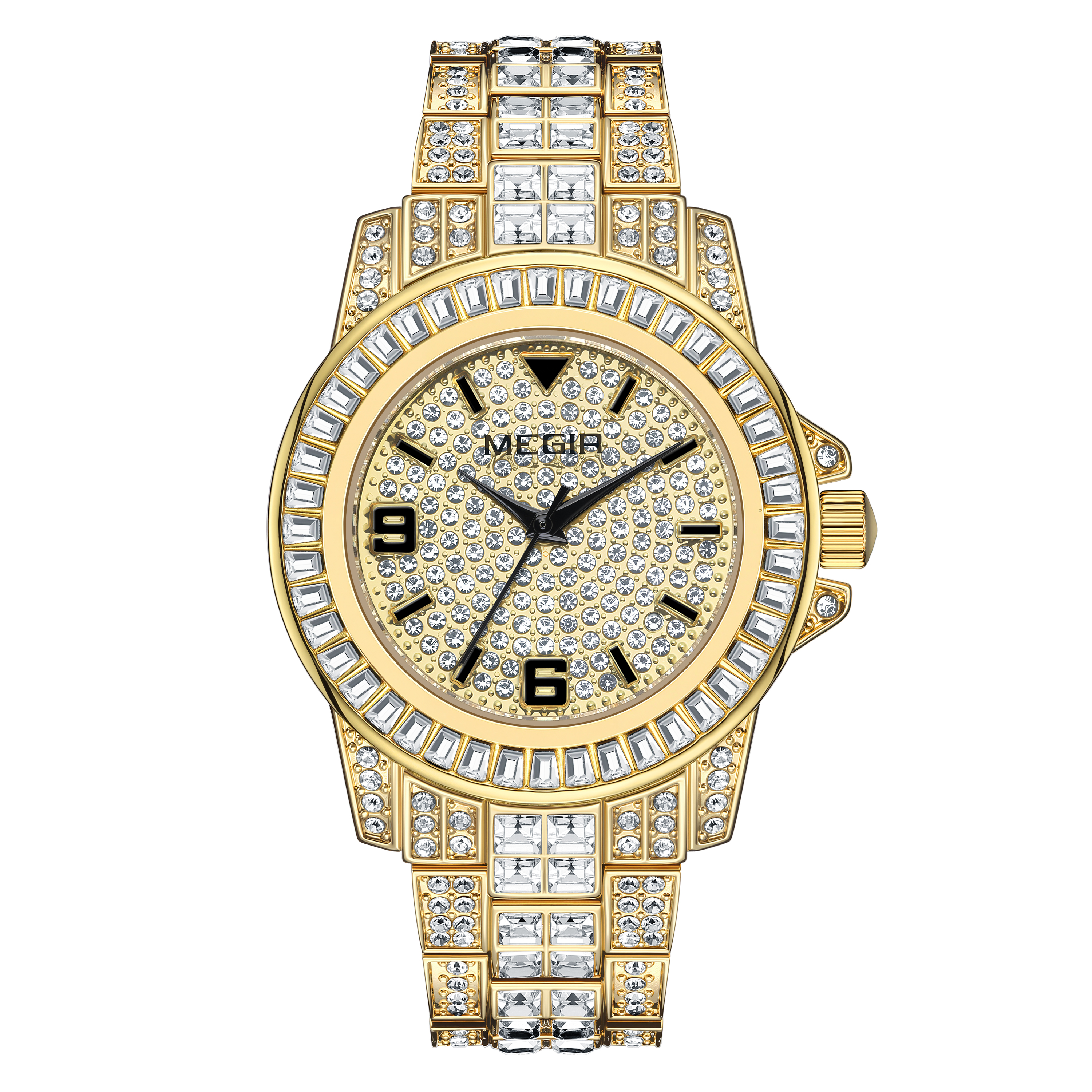 MEGIR Quartz Watch for Men Luxury Diamonds Golden Watch Man Waterproof Rhinestone Wrist Watch Business Men's Steel Band Watches