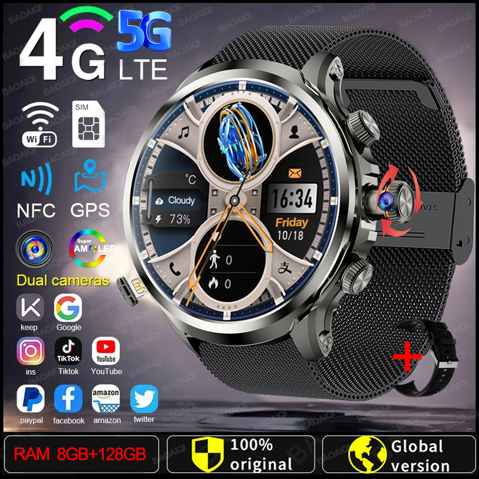 5G/4G Smart Watch 1.95 inch 680*680 AMOLED Screen 8GB+128GB RAM 900W Camera GPS WIFI Google APPS Download Android 9.0 Smartwatch