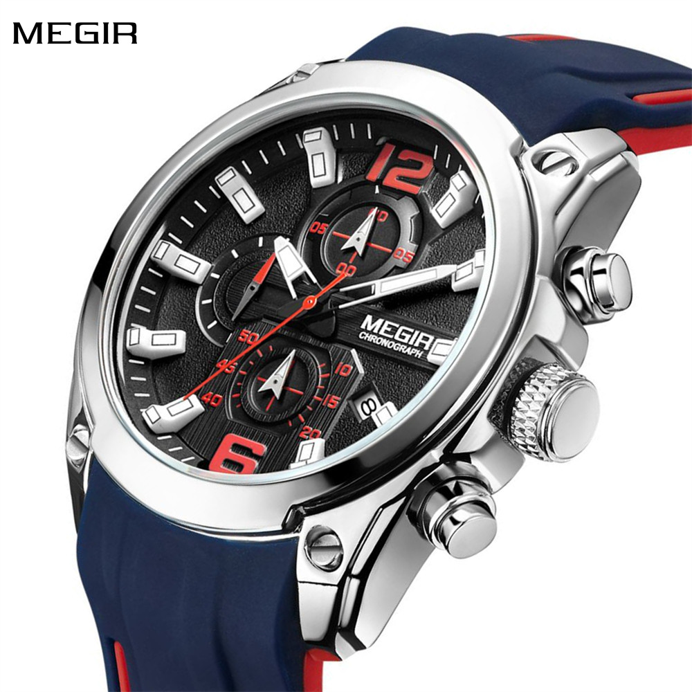 MEGIR Men's Sport Watch Silicone Strap Chronograph Quartz Military Waterproof Wristwatches Relogio Masculino Man Clock 2063
