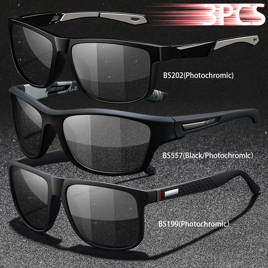 3PCS Photochromic Polarized Sports Vintage Sunglasses Men Women Cycling Driving Mountaineering Chameleon Sun Glasses UV400Eyewer