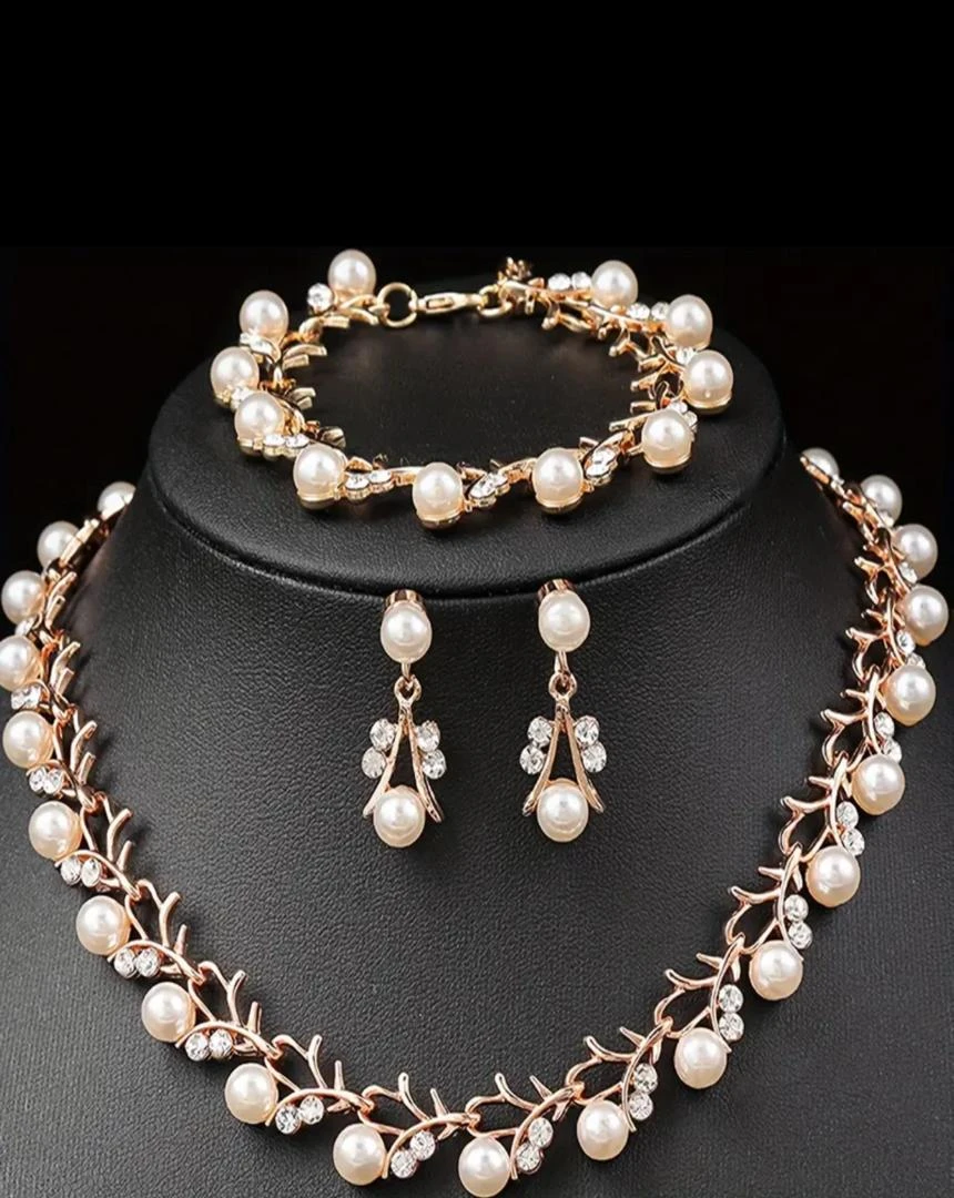 Rose Gold Pearl Jewelry Set - Elegant 3-Piece Necklace Bracelet Earrings with Rhinestone Crystals for Women Wedding Bridal Party