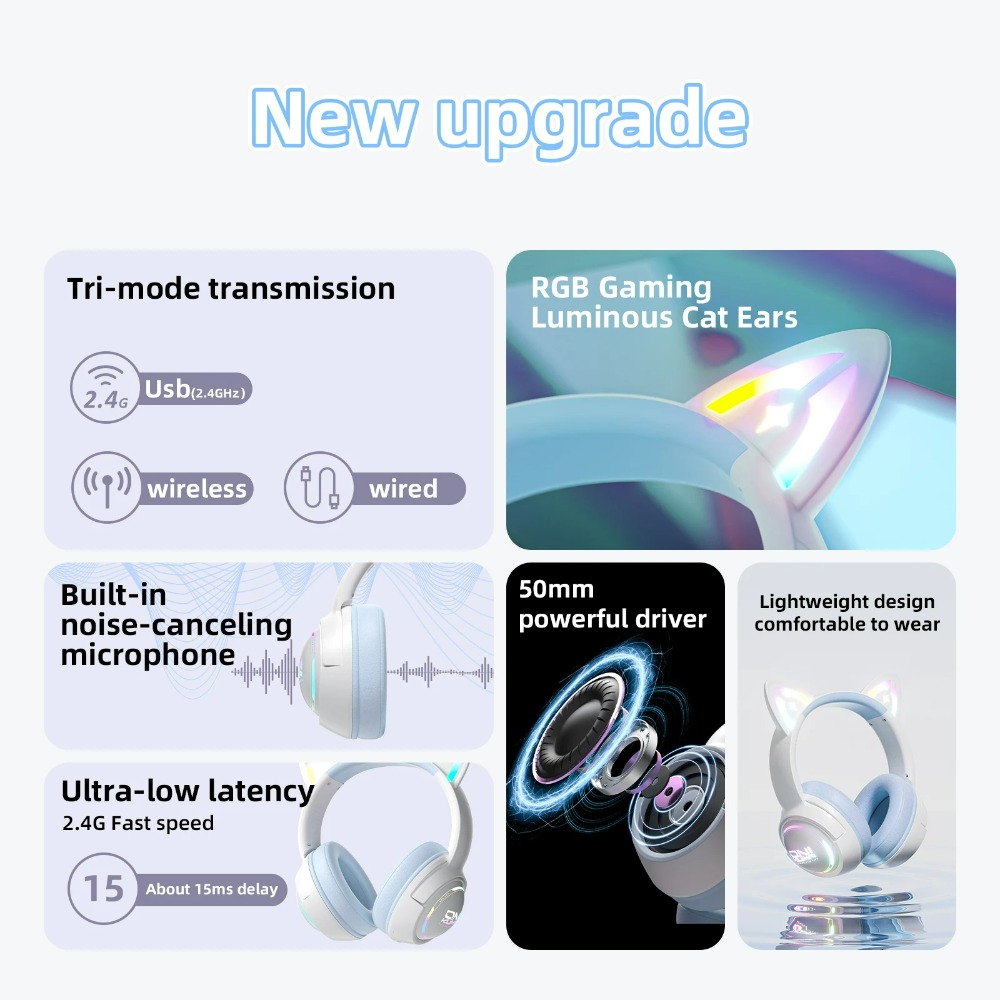 NEW ONIKUMA Headset Gaming Wireless Headphones Bluetooth RGB Lighting Original Cat's Ears Wired Earphones for Pc Mac GT838