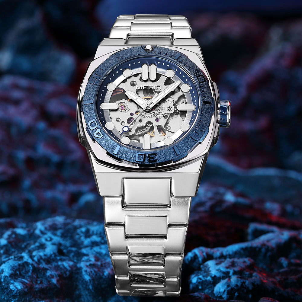 MEGIR Business Style Watch for Men Fashion Automatic Mechanical Wristwatch with Transparent Skeleton Dial & Stainless Steel Band