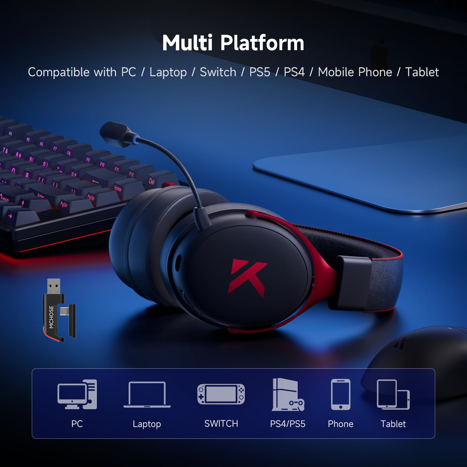 MCHOSE V9 Pro Wireless Gaming Headset Tri-Mode 7.1 Surround 53mm Driver Noise Cancel Mic EQ PC PS5 PS4 Switch Large Battery