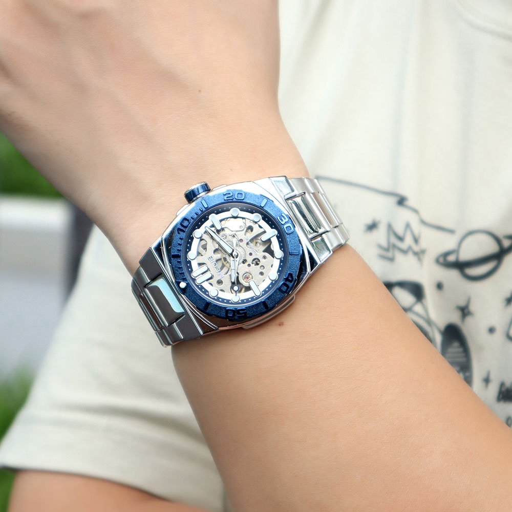 MEGIR Business Style Watch for Men Fashion Automatic Mechanical Wristwatch with Transparent Skeleton Dial & Stainless Steel Band