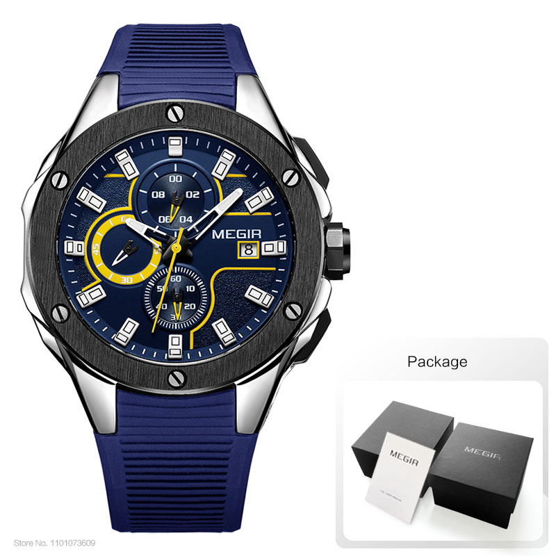 MEGIR Men's Sports Quartz Watches Fashion Silicone Strap Chronograph Wristwatch for Man Luminous Hands Waterproof 2053GBK