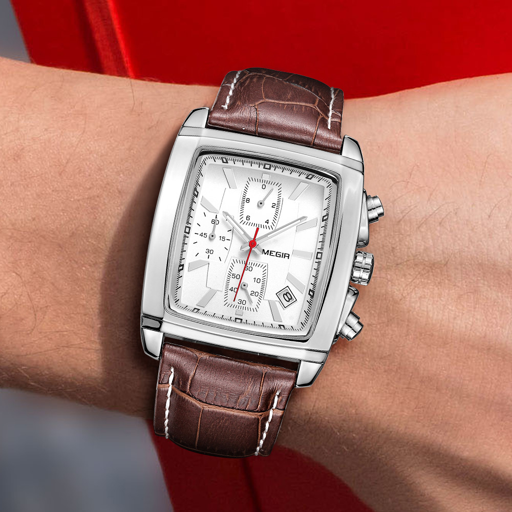MEGIR Watch Men Business Wristwatch Rectangle Quartz Military Watches Waterproof Luminous Leather Casual Clock Reloj Hombre 2028
