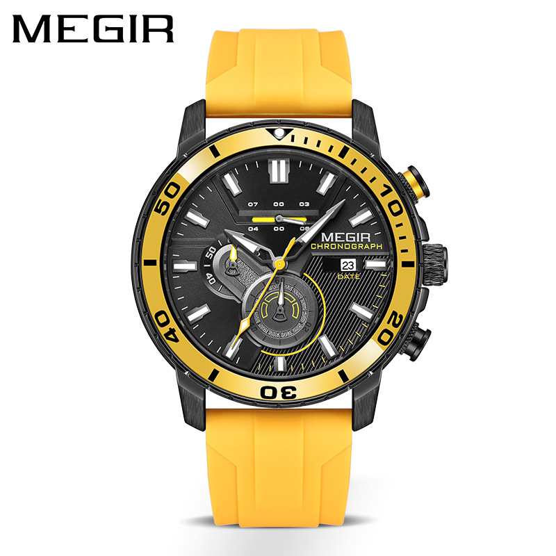 MEGIR 2224 Men Quartz Watch Sport Fashion Creative Cool Orange Silicone Strap Chronograph Luminous Date Wristwatch for Male