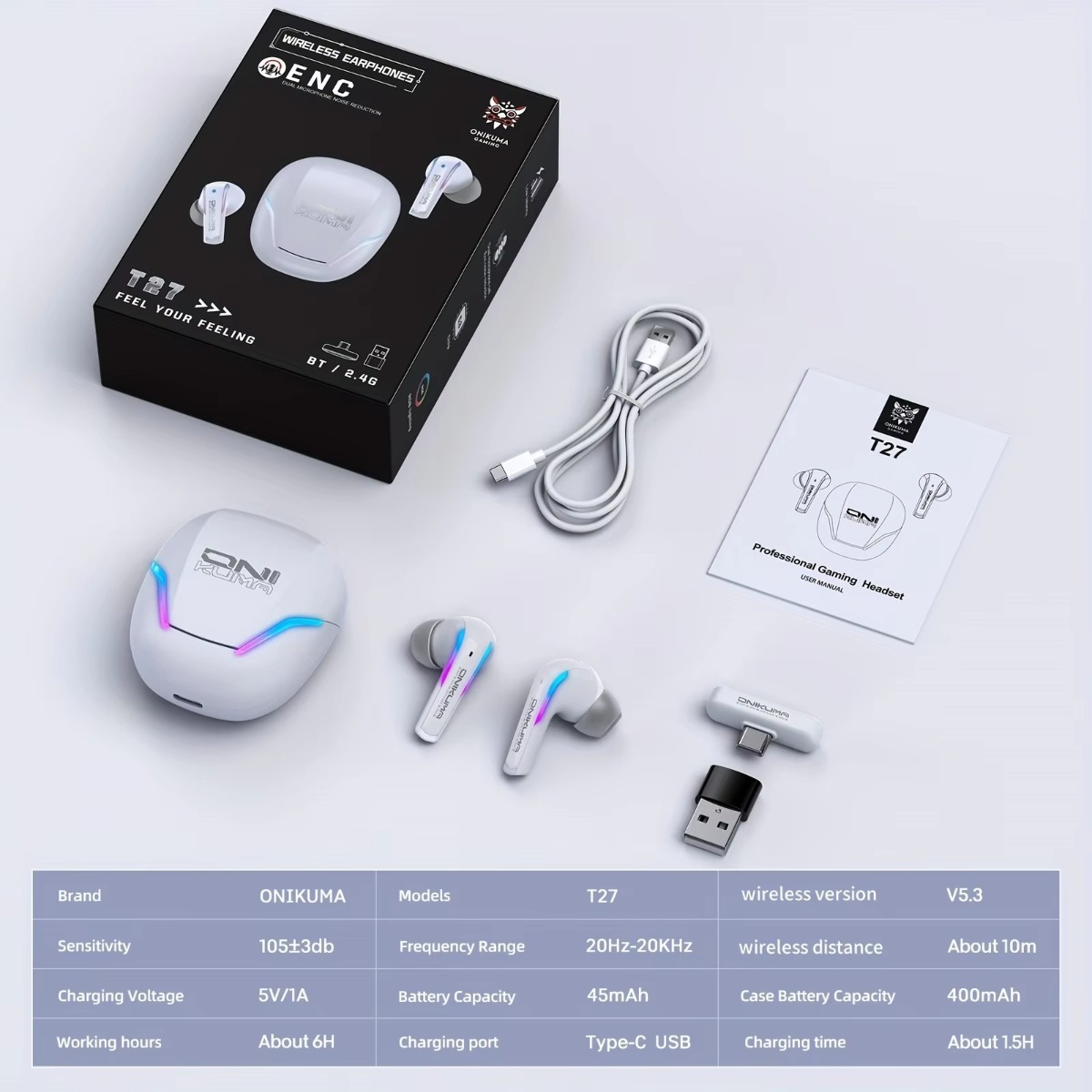 ONIKUMA T27 Wireless Earbuds Dual-mode with Touch Control 2.4Ghz Low Latency Stereo Bluetooth Headset Independent Connection