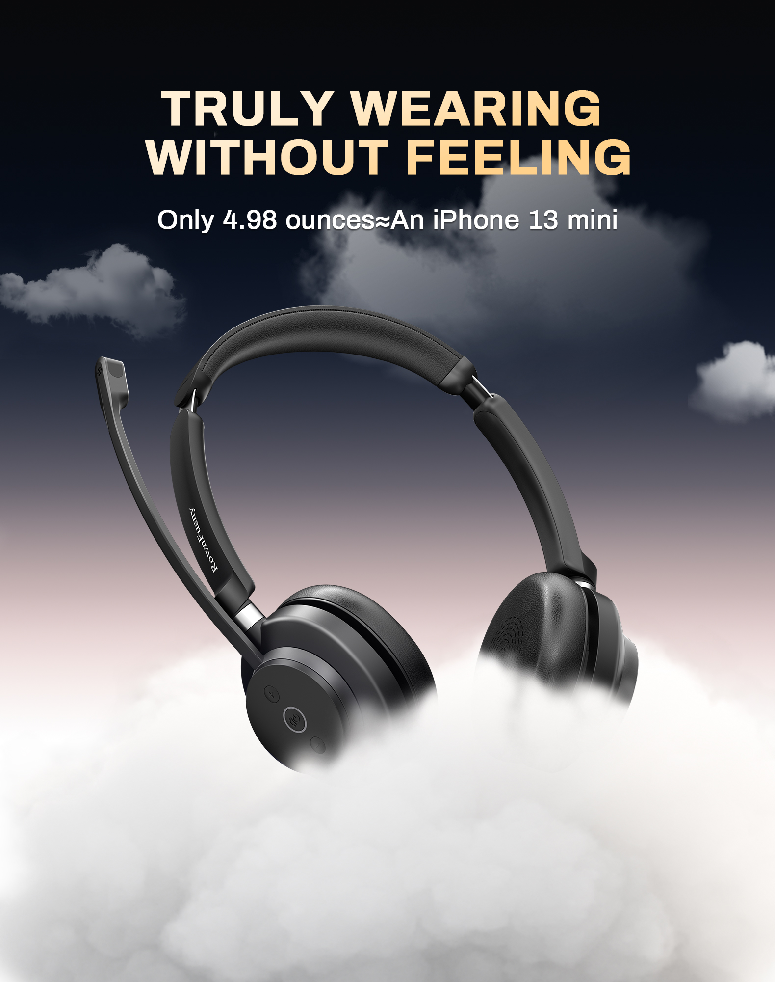 Rownfusny R02 Wireless Headset with Mic for Work USB Dongle Bluetooth Over Ear Headphones for Call Center Noise Cancelling