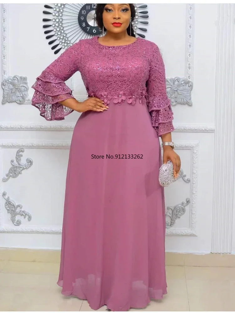 Customized African Wedding Party Dreses for Women Spring Autumn African Short Sleeve V-neck Polyester Green Pink Red Long Dress