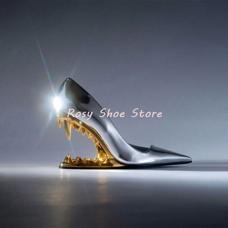 Women's Glossy Patent Leather Strange Style Heel Pumps Pointed Toe Slip On High Heel Street Weird Style Catwalk Shoes