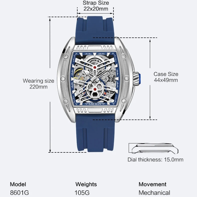 MEGIR 8601 Fashion Men Automatic Mechanical Watches Skeleton Luxury Luminous Waterproof Casual Wristwatches for Man Reloj Hombre