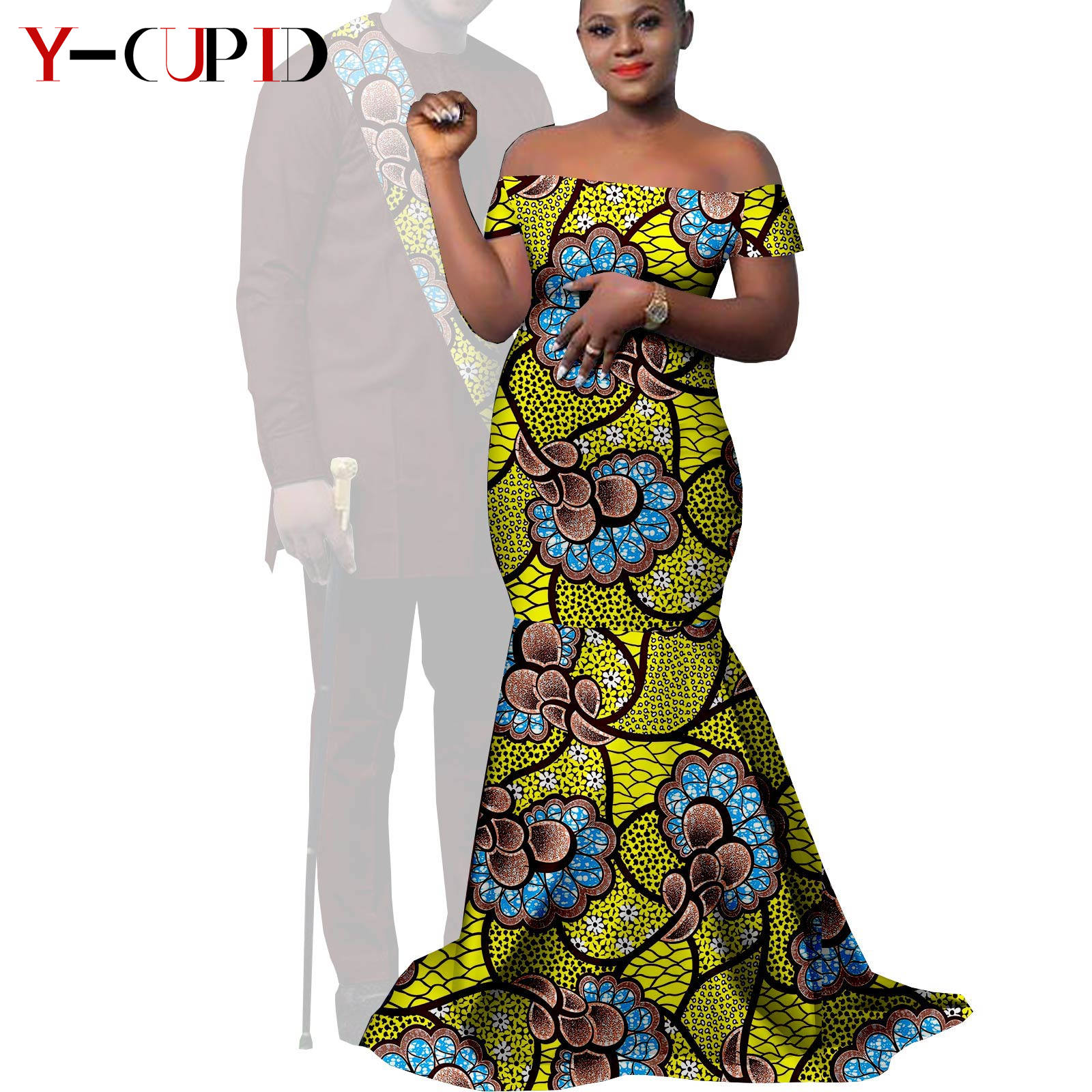 African Clothes for Couples Bazin African Print Long Dresses for Women Match Men Outfits Dashiki Top and Pants Sets Y22C023