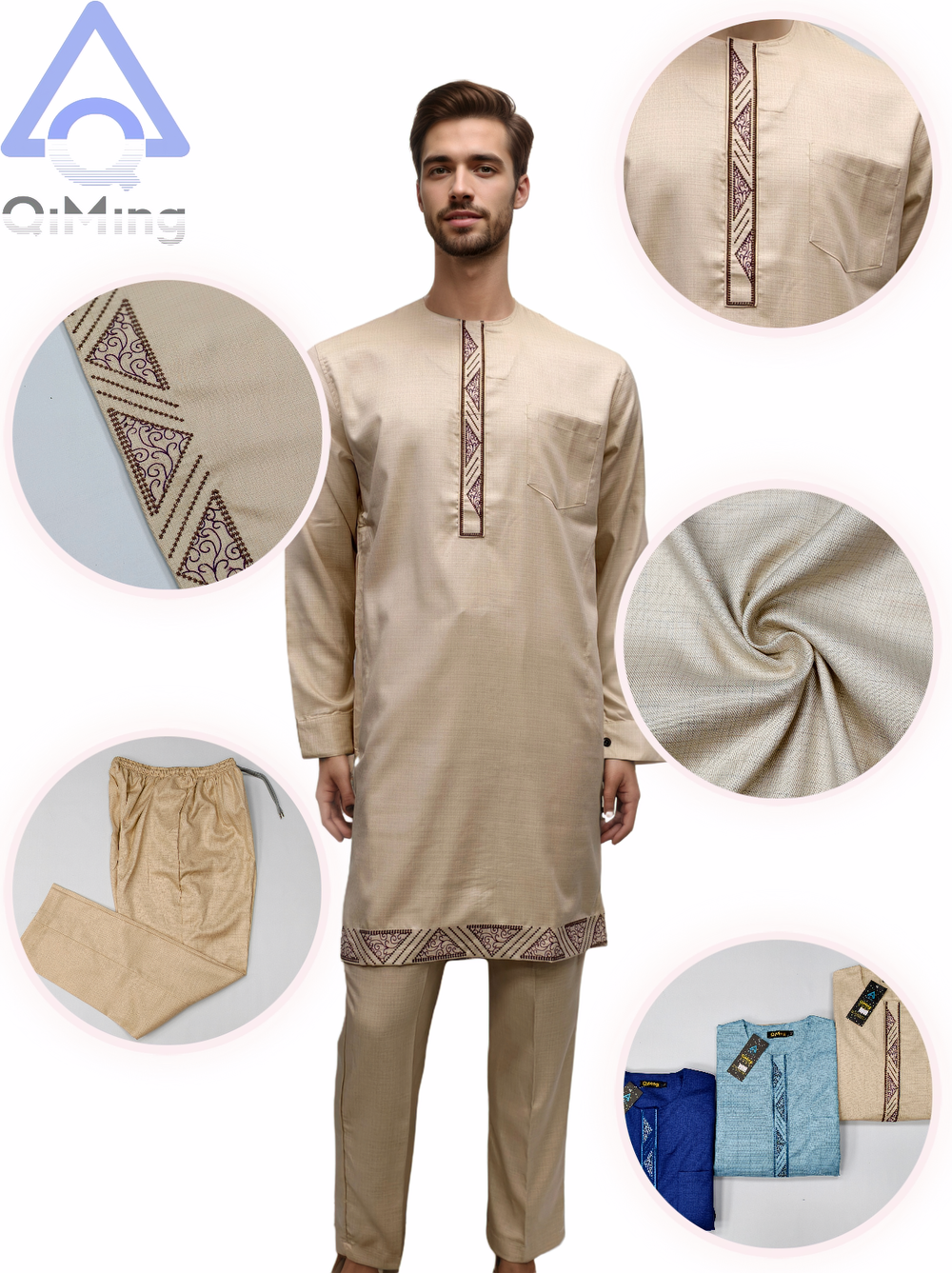 Muslim Islamic Men's 2 Pieces Wedding Punjabi Outfit 80% Cotton Embroidery Winter Arabic Morocco Dresses African Boubou Pants