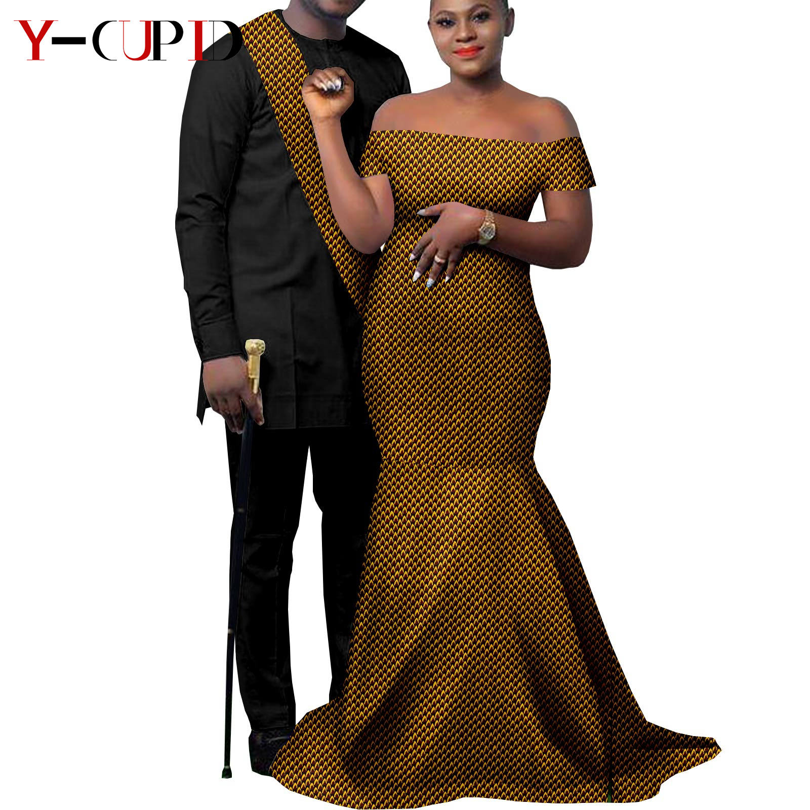 African Clothes for Couples Bazin African Print Long Dresses for Women Match Men Outfits Dashiki Top and Pants Sets Y22C023