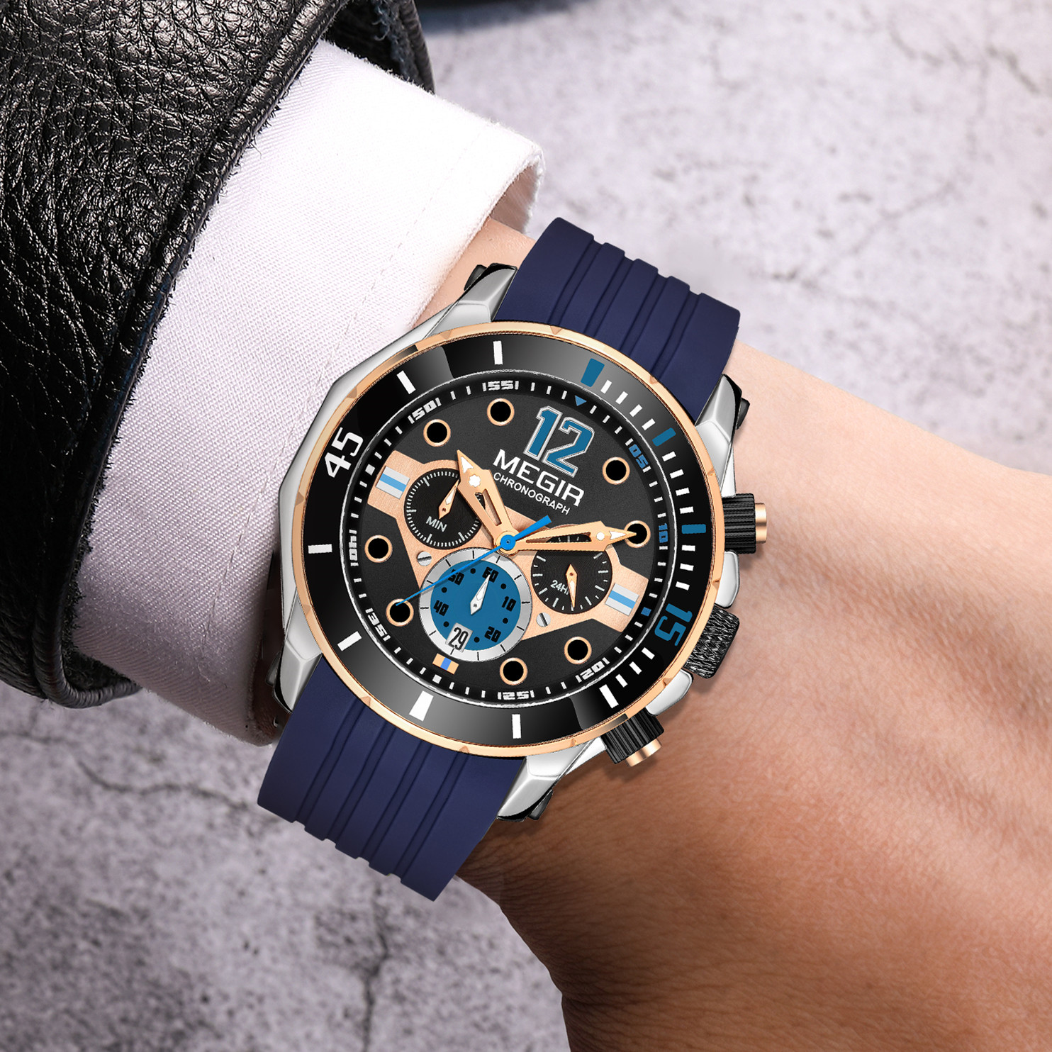 MEGIR 2206 Silicone Strap Men's Sport Watches Chronograph Waterproof Calendar Quartz Wristwatch Male Clock Relogio Masculino