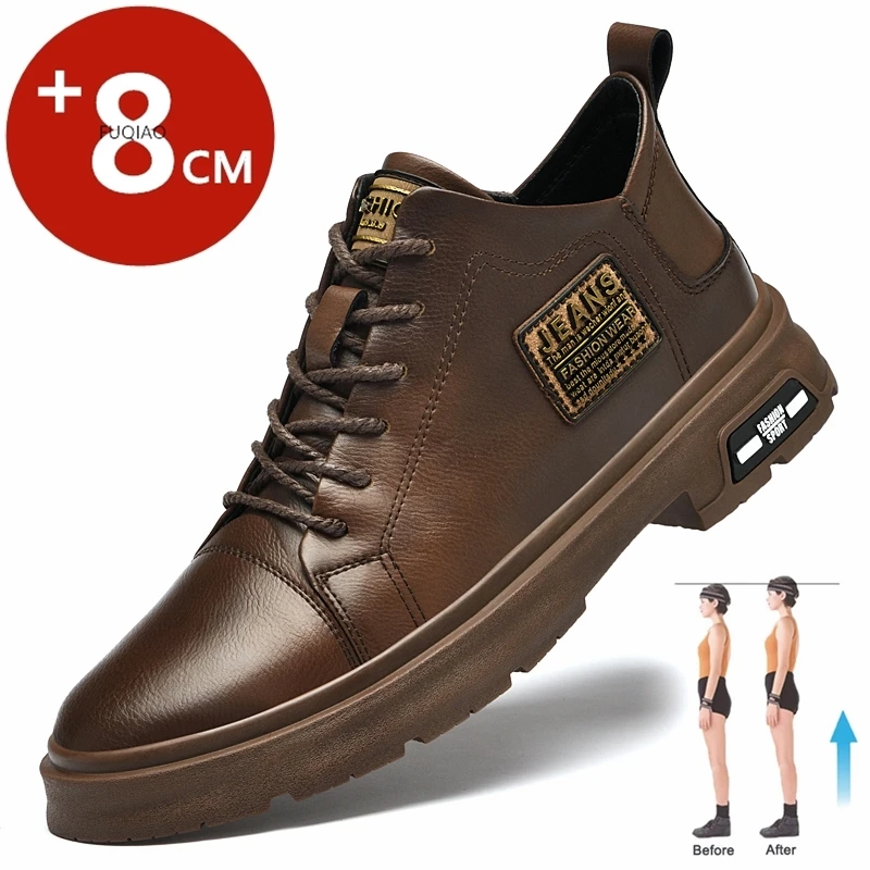 Men Genuine Leather Heightening Shoes Comfort Lace Up Casual Elevator Shoes Commerce Breathable Height Increase Insole 8CM Sport