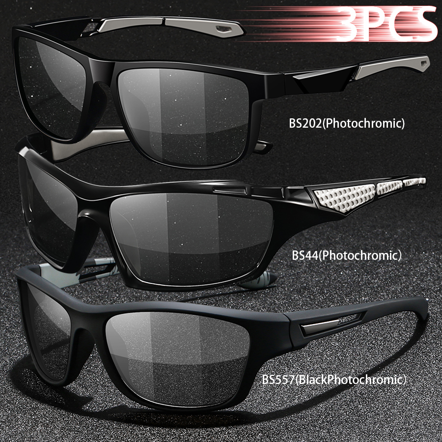 3PCS Photochromic Polarized Sports Vintage Sunglasses Men Women Cycling Driving Mountaineering Chameleon Sun Glasses UV400Eyewer