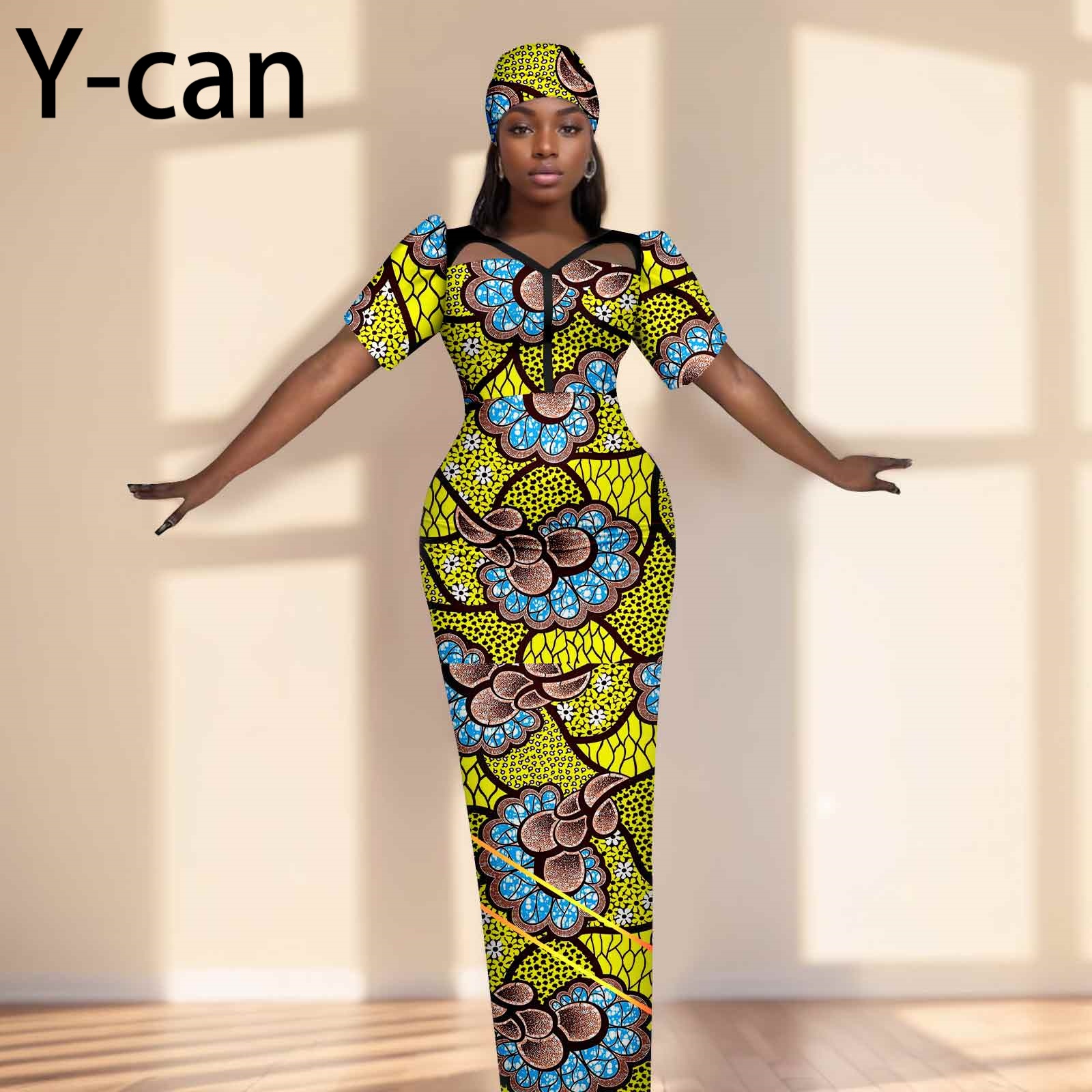 Party Gown African Dresses for Women Slim Fit Short Sleeve Dress Evening Vestidos with Headwrap Dashiki Ankara Print 2525071