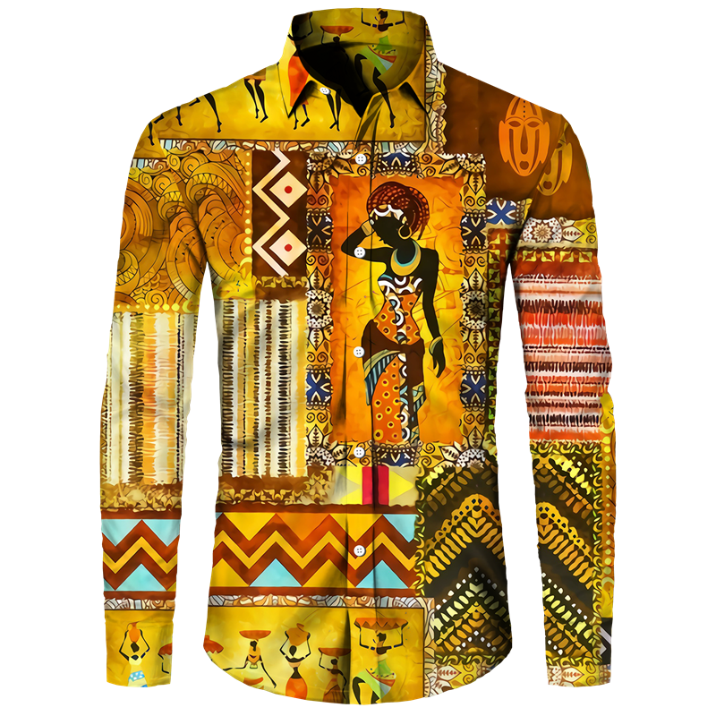 African Ethnic Pattern Hawaiian Shirts For Men Retro Drum 3D Printed Blouse Autumn Fashion Casual Loose Aloha Shirts Long Sleeve