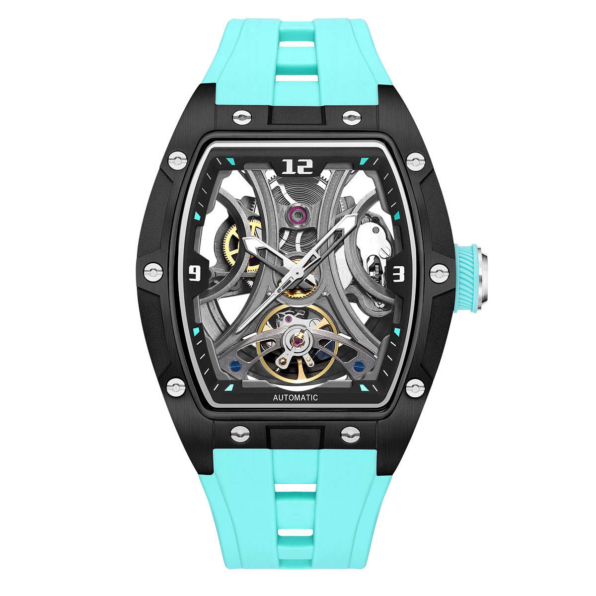 MEGIR Fashion Sports Mechanical Watch for Men Automatic Self-winding Wristwatch with Silicone Strap Transparent Tonneau Dial