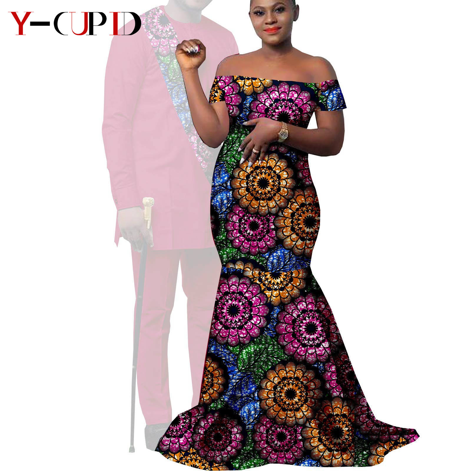 African Clothes for Couples Bazin African Print Long Dresses for Women Match Men Outfits Dashiki Top and Pants Sets Y22C023