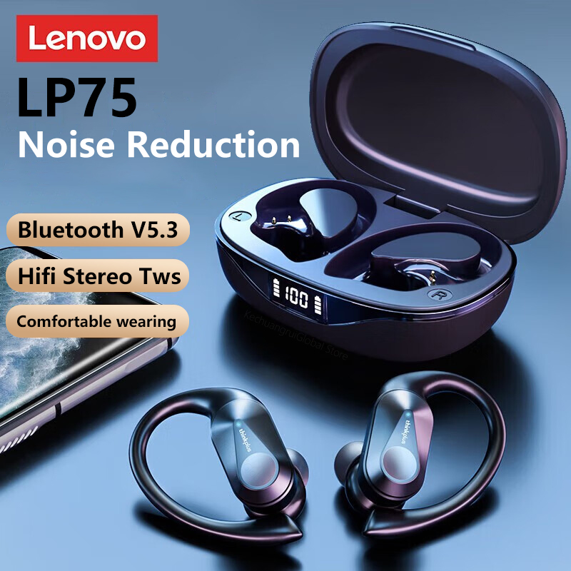 Lenovo LP75 Wireless TWS Sports Bluetooth5.3 Headphones Ear Hook Noise Reduction HiFi Stereo Waterproof Gaming Earphone with Mic