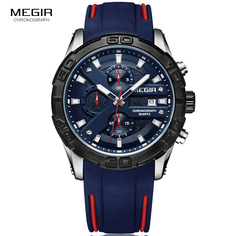 MEGIR Men's Fashion Sports Quartz Watches Silicone Strap Chronograph Analogue Wrist Watch for Man Military Casual Watch 2055BE-2