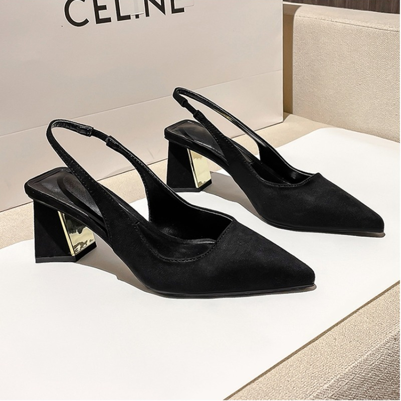 Pointed High-heeled Single Shoes Femininity 2025 New Spring and Summer Thick Heel Simple Back Empty Bag Head Sandals