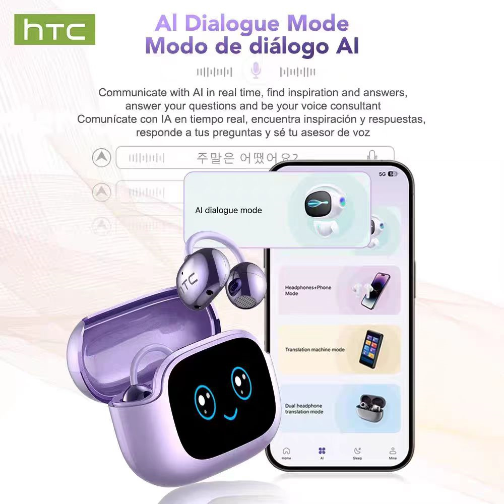 HTC NE32 Bluetooth V6.0 Ear Clip Earphones LCD Touch Screen AI Translator Earbuds Noise Reduction Wireless Sports Headphones