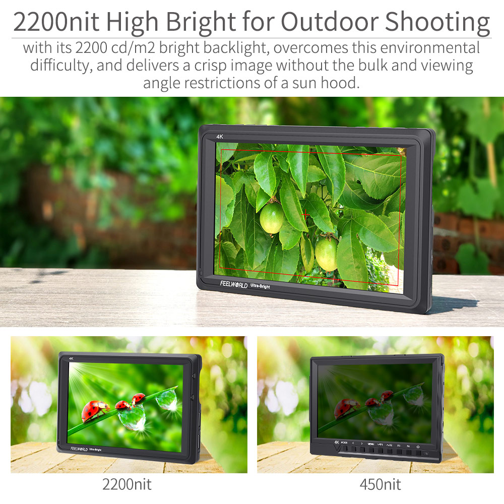 FEELWORLD FW279 7 Inch 2200nit Daylight Viewable Camera Field Monitor High Brightness 4K HDMI Input Output 1920X1200 IPS Panel