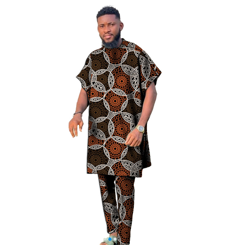 Short Sleeves Men Set Nigerian Style Colorful African Couture Dashiki Tops With Pant Groom Suit Male Traditional Garment