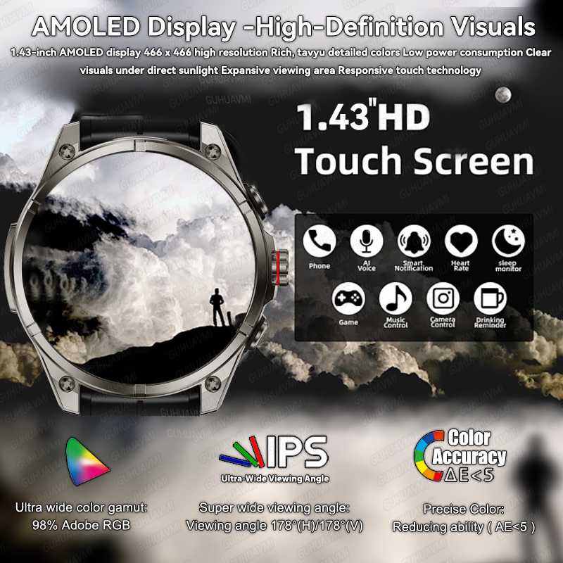 2026 GPS Smartwatch Outdoor Sports Waterproof Flashlight 1.43inch AMOLED Custom dial Call Compass Smart Watches For Android IOS