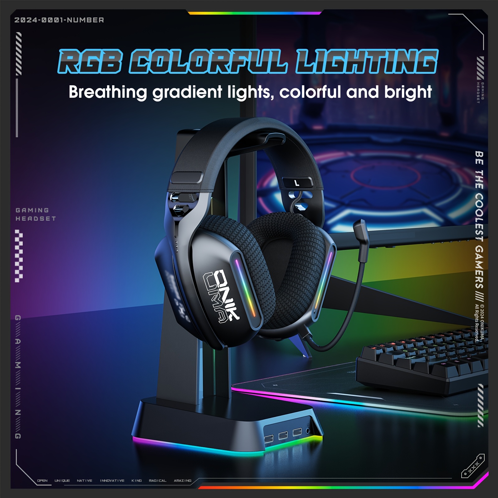 ONIKUMA GT808 Wireless Headset 2.4GHz Wireless Muffler Headset for PS5 PS4 PC Mac Gaming Headphones with RGB microphone