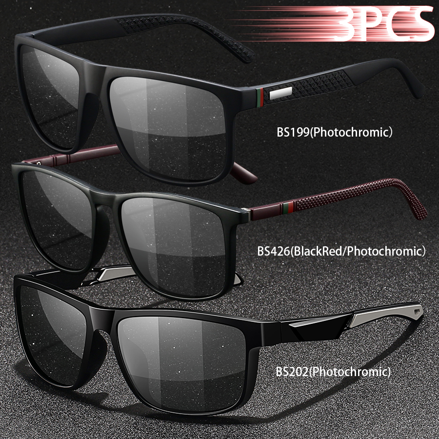 3PCS Photochromic Polarized Sports Vintage Sunglasses Men Women Cycling Driving Mountaineering Chameleon Sun Glasses UV400Eyewer