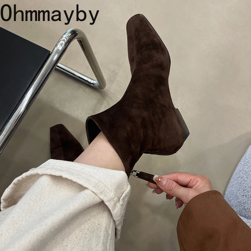 Winter Short Plush Women Ankle Boots Fashion Square Toe Short Booties Ladies Elegant Low Heels Largas Booties