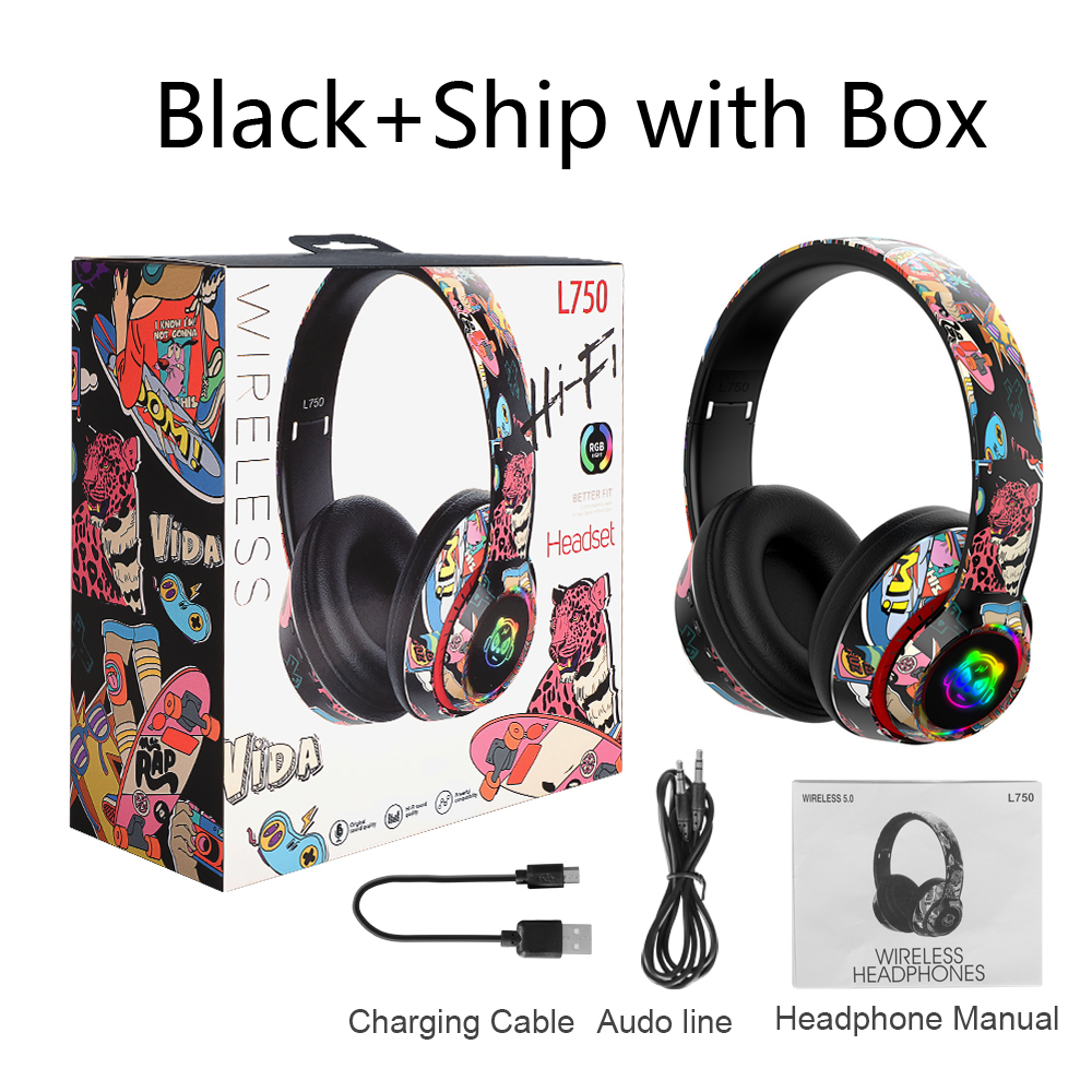 Graffiti Headphones Bluetooth 5.1 DJ Headset Wireless Gamer  with Mic RGB LED Light For Kids PC Gamer Earphone Support TF Card