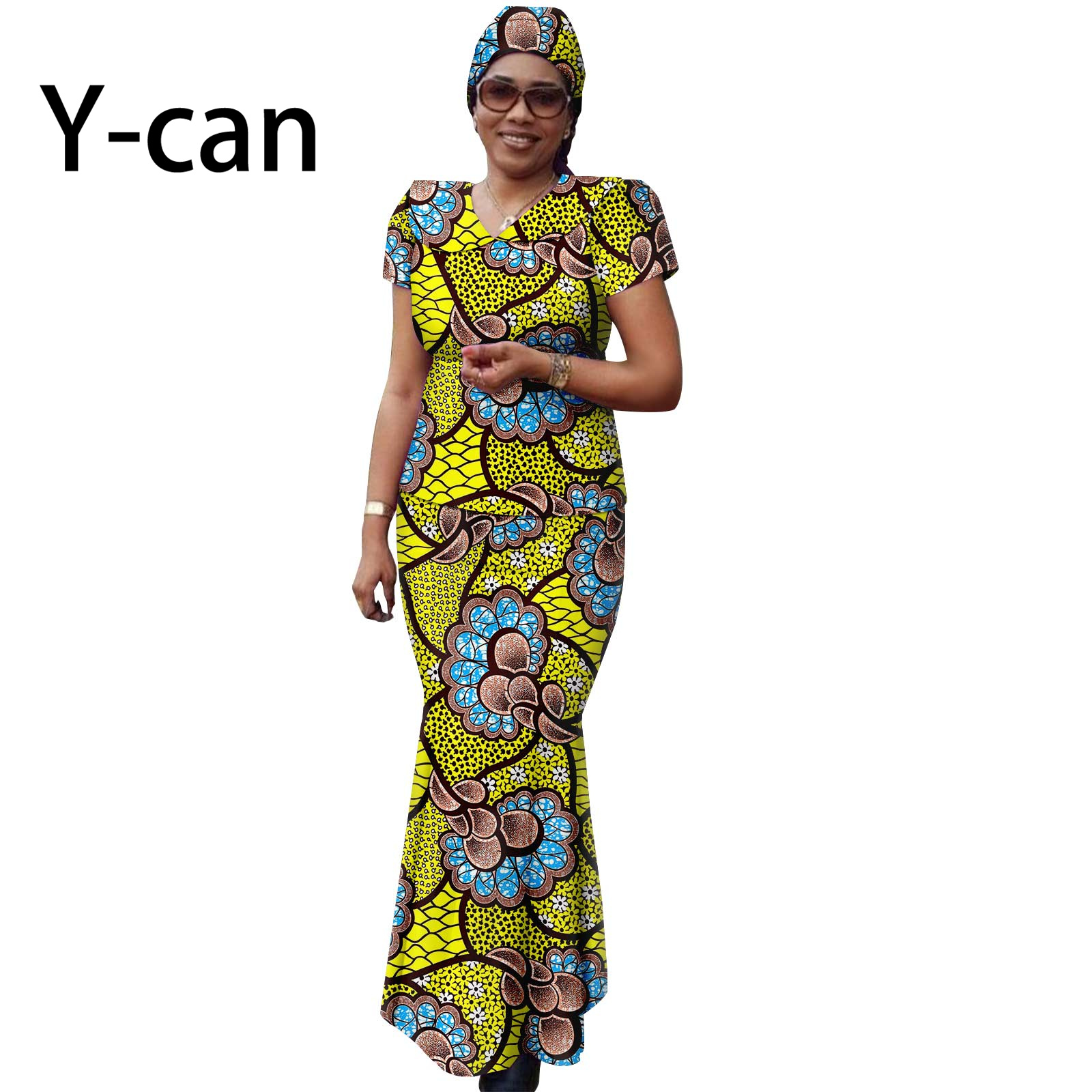 African Women Set Ankara Print Traditional Doll Collar Top and Skirts Match Headscarf Bazin Riche Dashiki Lady Outfits Y2326003