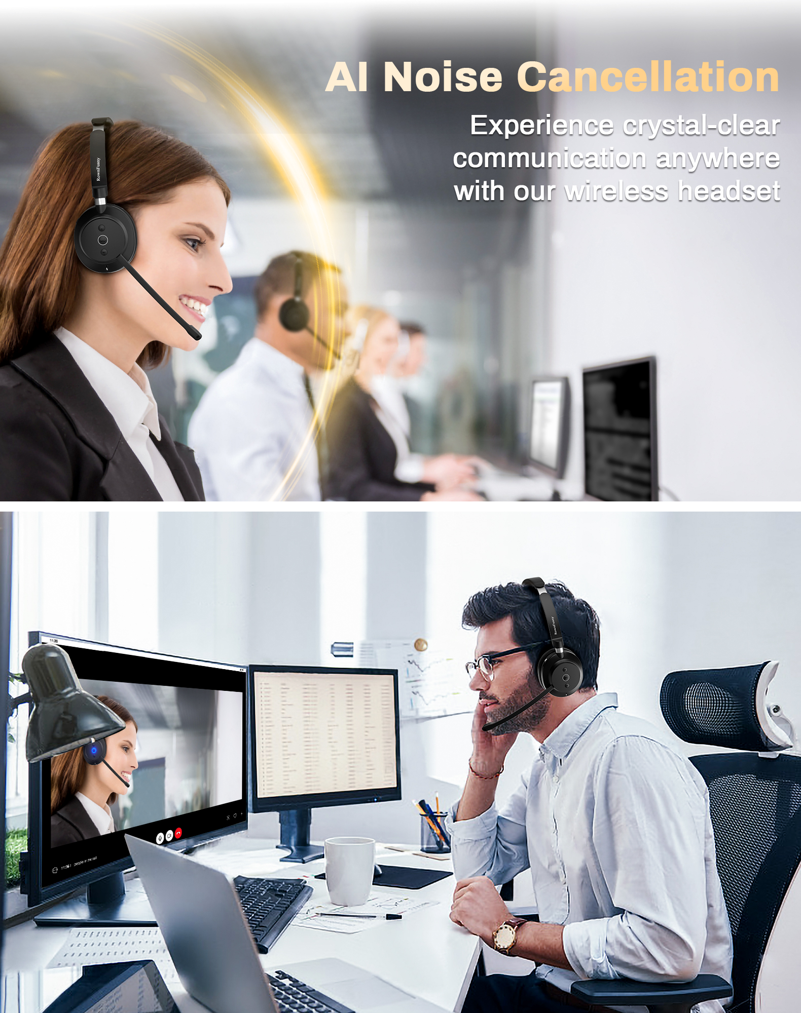 Rownfusny R02 Wireless Headset with Mic for Work USB Dongle Bluetooth Over Ear Headphones for Call Center Noise Cancelling